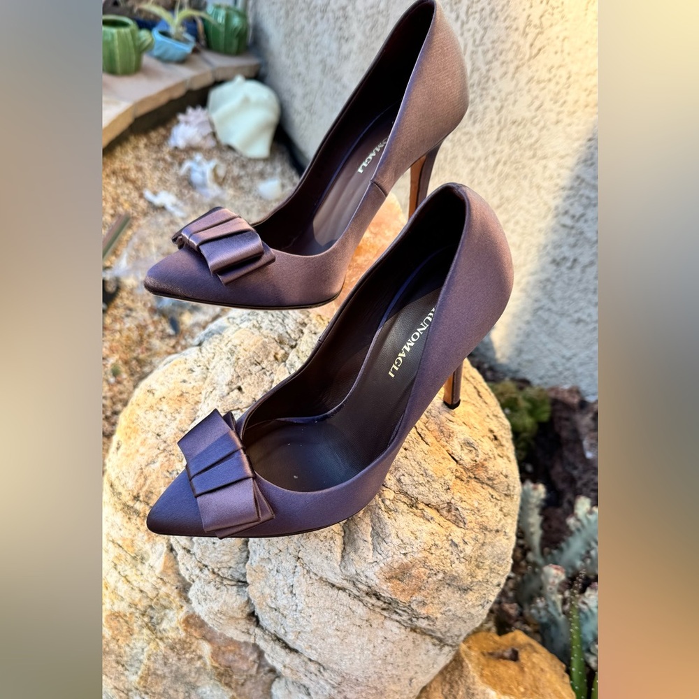 Bruno Magli Purple Satin Bow Heels | Made in Italy Pointed Toe Pumps